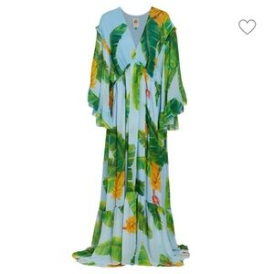 Farm Rio Fresh Bananas Butterfly-Sleeve Maxi Dress Small Blue Tropical $275